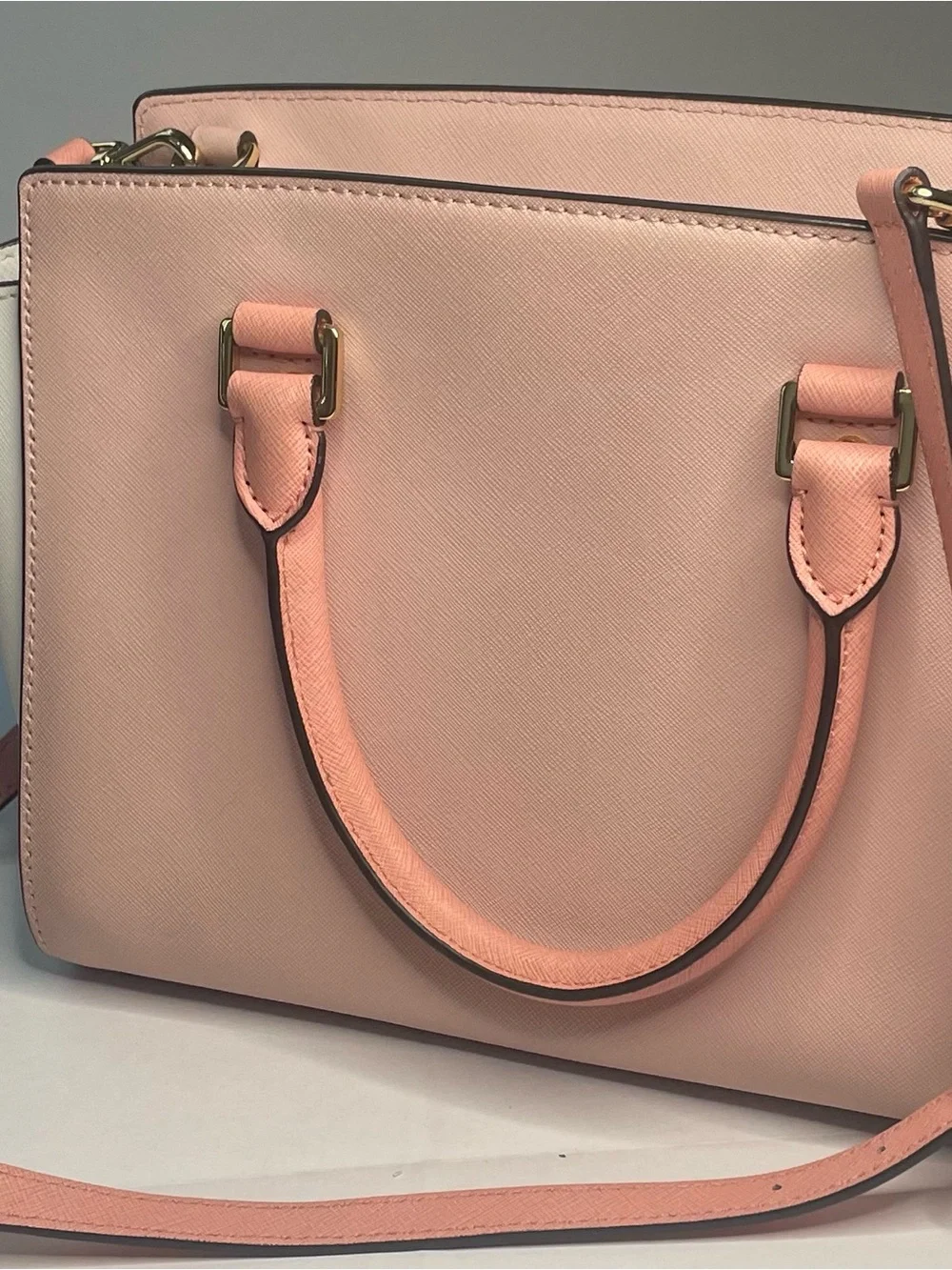 Authentic Michael Kors Hope Medium Two-Tone Saffiano Satchel Pink White